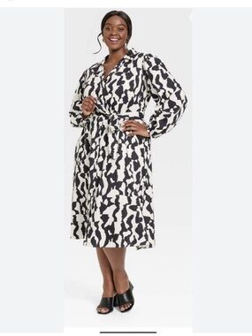 Ava & Viv Black and White Abstract Tie-Waist Long Sleeve Midi Dress